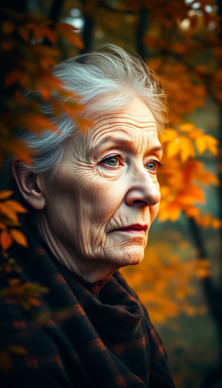 AI generated art for prompt: A photorealistic portrait captures an elderly woman's pensive expression amidst a misty forest backd