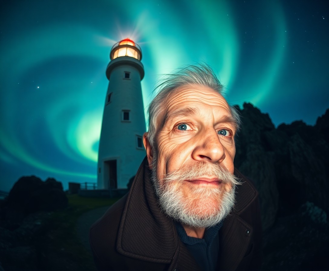 AI generated art for prompt: Craft a photorealistic portrait showcasing an aged lighthouse keeper amidst the ethereal beauty of t