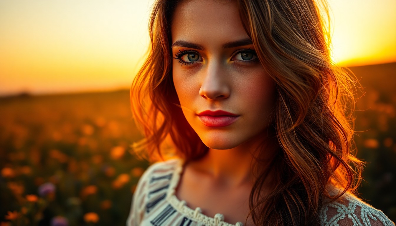 AI generated art for prompt: A young woman with deep, soulful eyes and sun-kissed hair stands amidst a serene field of wildflower