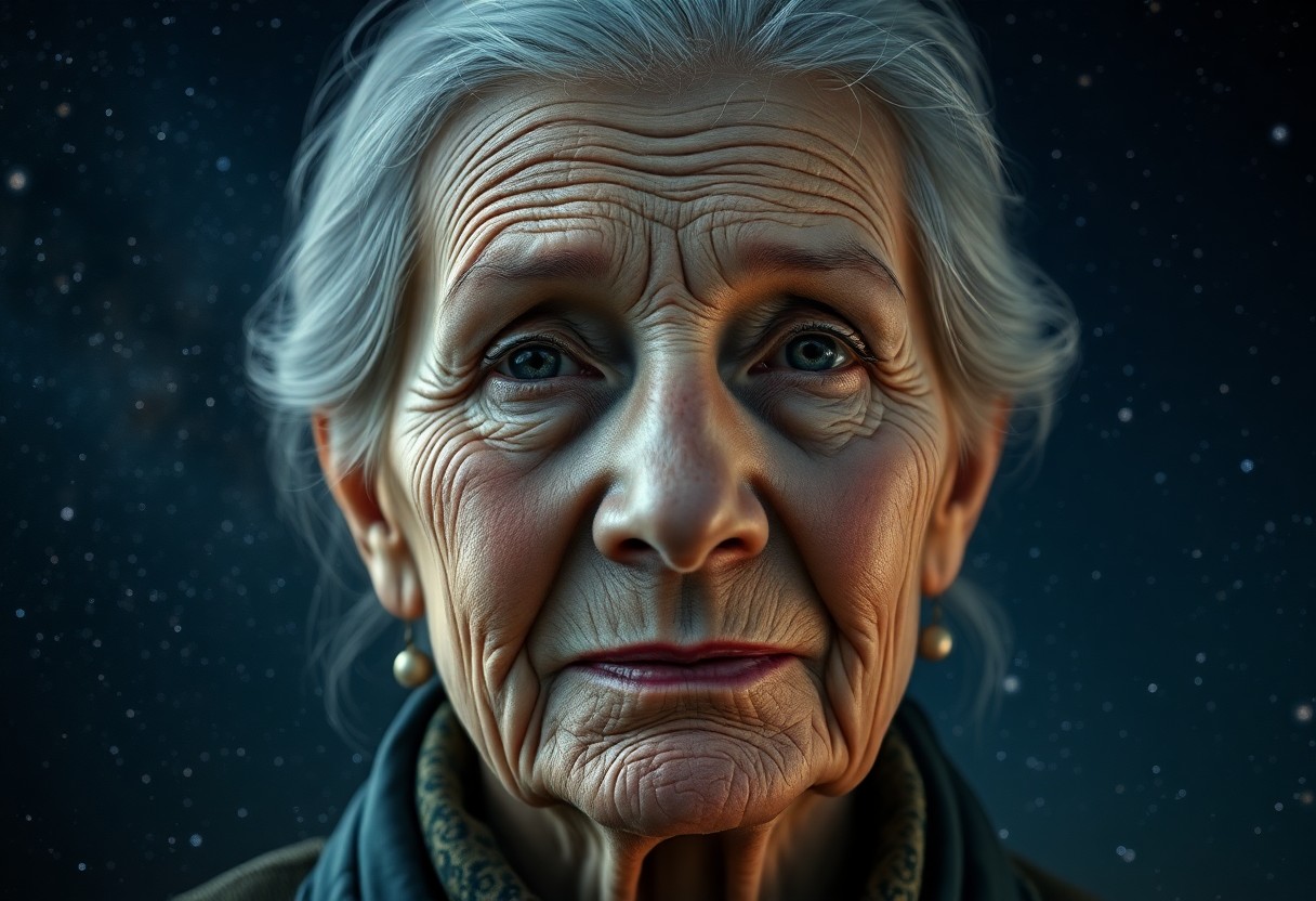 AI generated art for prompt: A photorealistic digital portrait showcases an elderly woman with a serene countenance, her skin bea