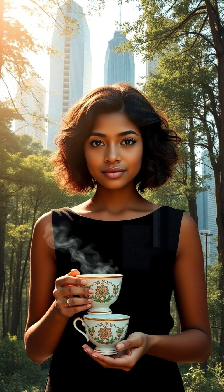 AI generated art for prompt: Amidst a lush forest stands a young woman with shoulder-length curly hair and brown skin, her serene