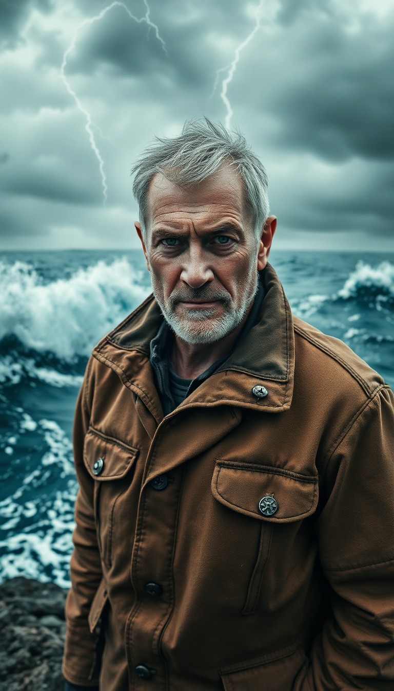 AI generated art for prompt: A portrait photograph showcases a weathered coastguard veteran amidst a stormy sea backdrop, his rug