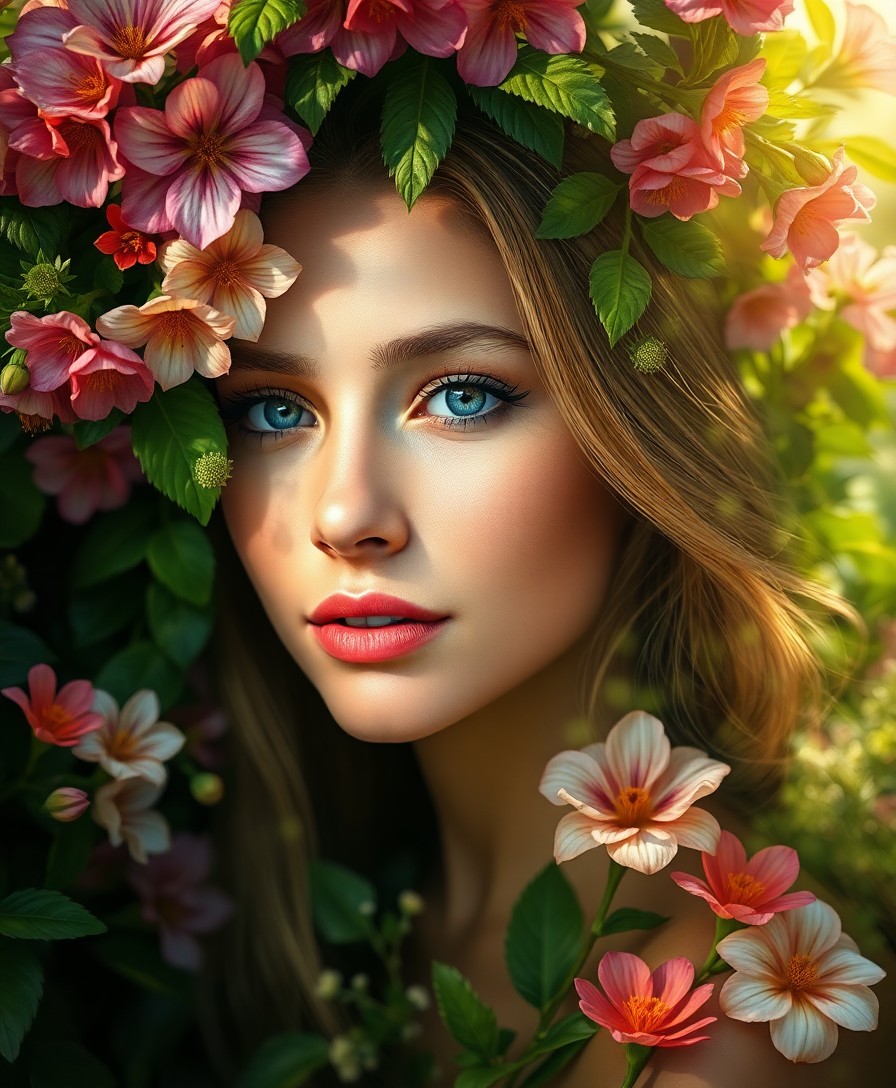 AI generated art for prompt: Craft a hyper-realistic digital portrait showcasing a woman amidst a vibrant garden scene overlaying