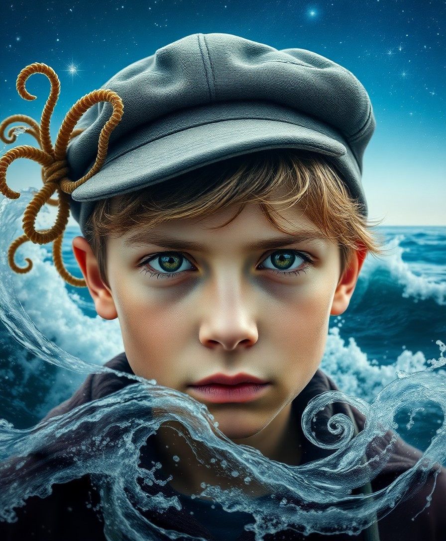 AI generated art for prompt: A portrait showcases a boy's intense expression amidst swirling sea waves and oceanic textures, his 