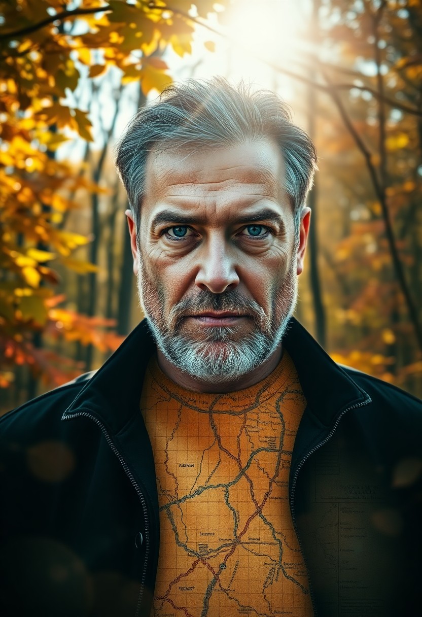 AI generated art for prompt: A double-exposure portrait showcases a charismatic middle-aged man with rugged features and piercing