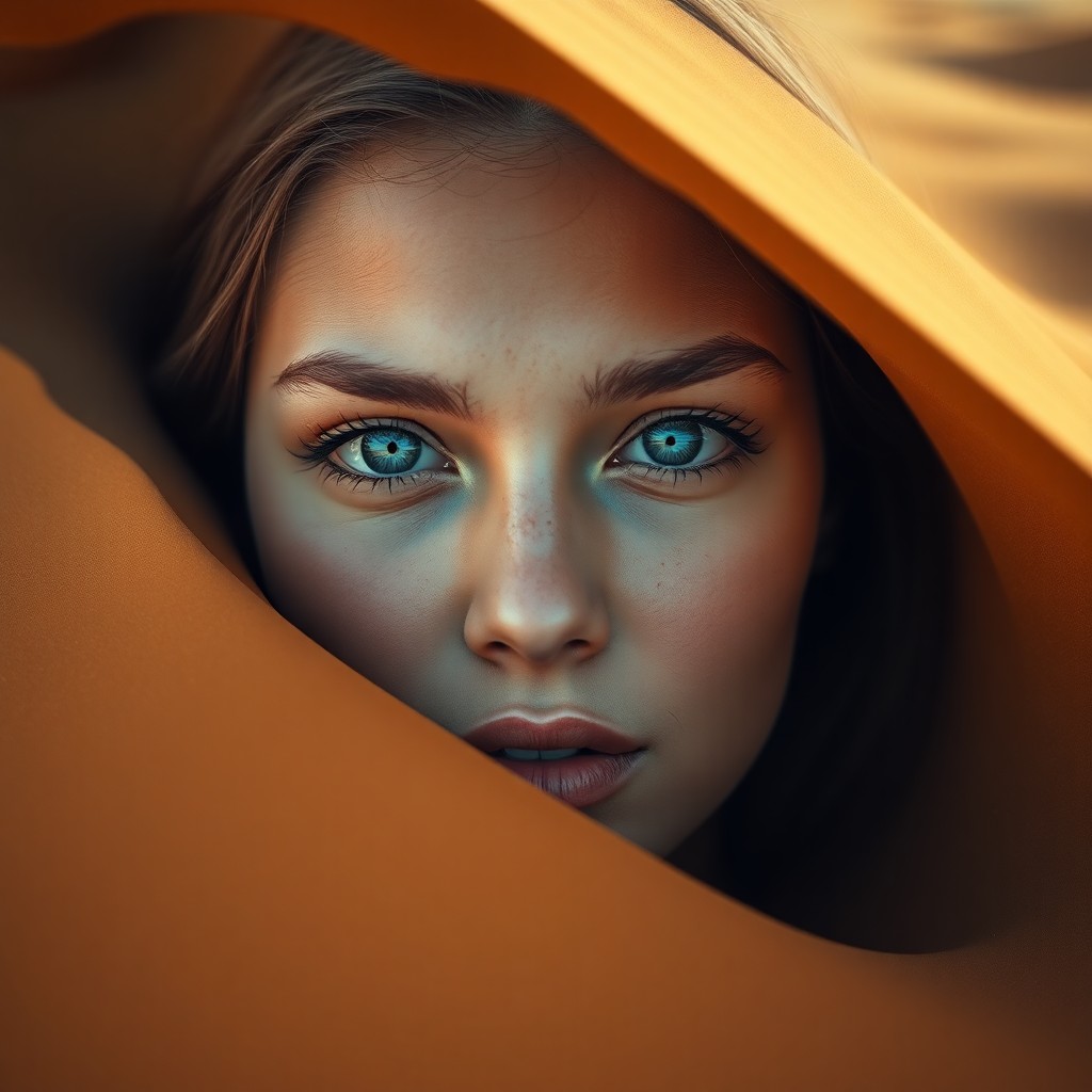 AI generated art for prompt: A photorealistic portrait showcases a young woman with piercing blue eyes and sun-kissed skin amidst