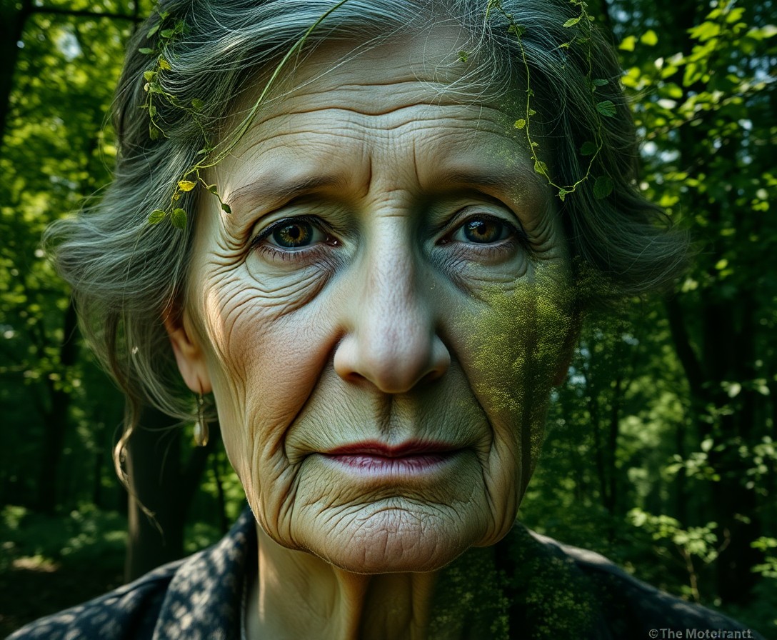 AI generated art for prompt: A captivating double exposure portrait showcases an elderly woman with weathered yet insightful eyes