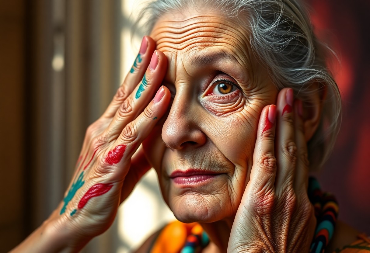 AI generated art for prompt: A DSLR portrait captures an artist's hands gently caressing the face of an older woman with deep, wa