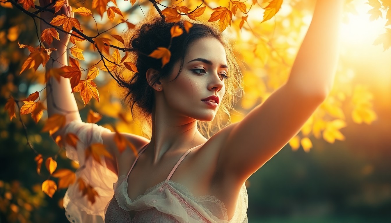 AI generated art for prompt: Captivating portrait of an ethereal dancer gracefully entwined with autumn leaves' tendrils. Her ser