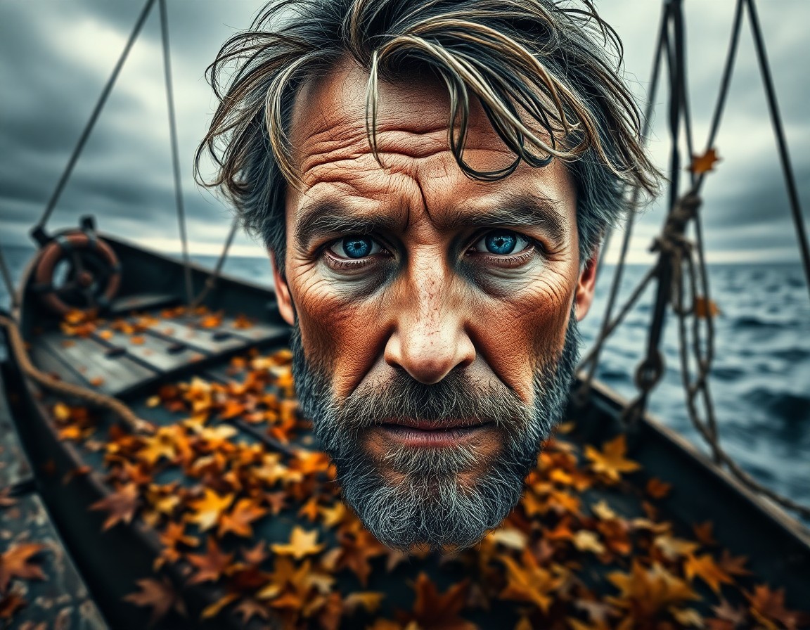 AI generated art for prompt: A digital camera lens captures a photorealistic portrait of a weathered middle-aged man with rugged 