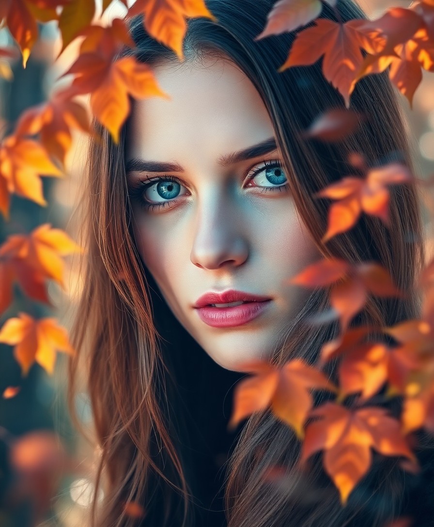 AI generated art for prompt: A captivating double exposure portrait showcases a pensive young woman with intense blue eyes framed