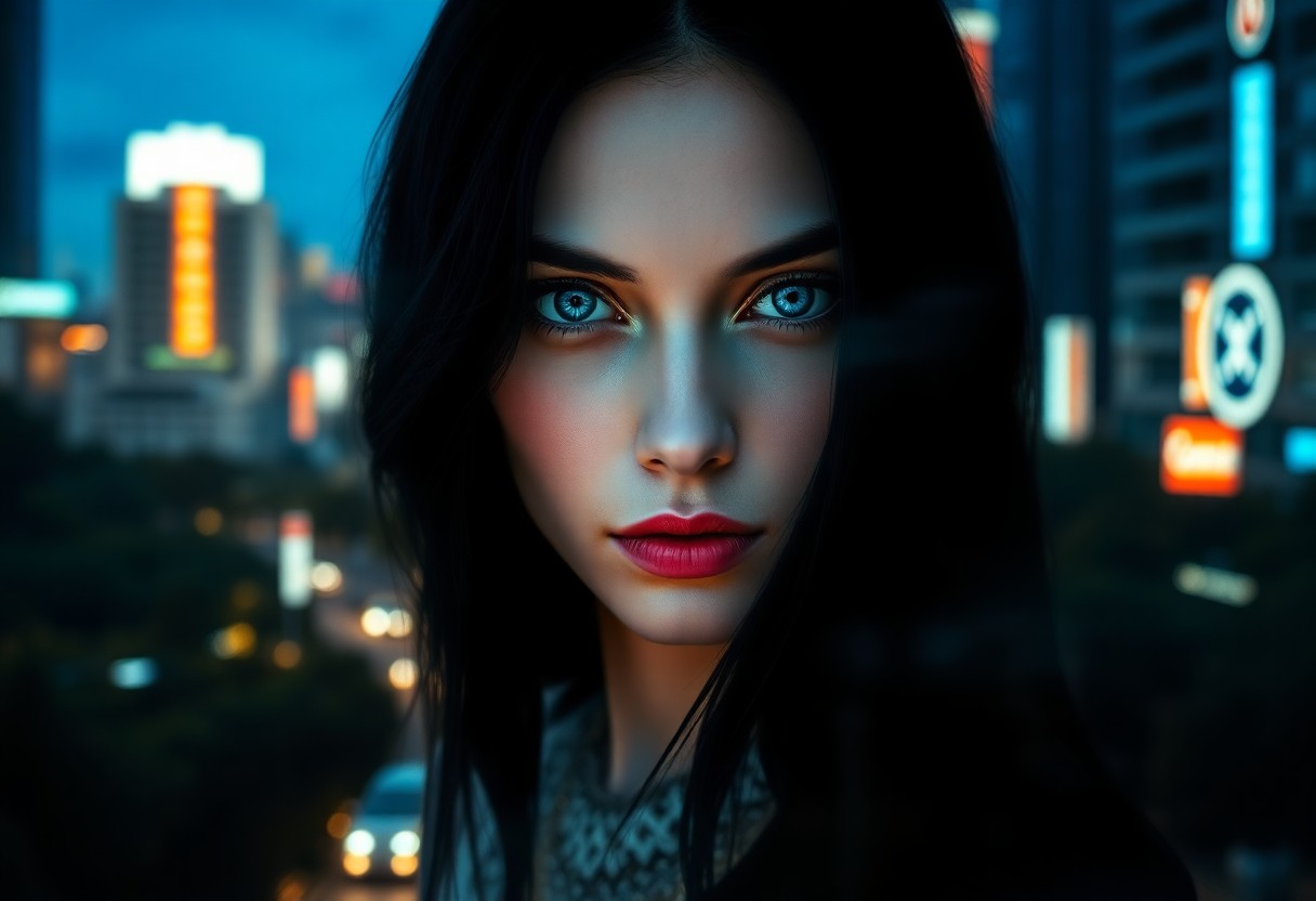 AI generated art for prompt: A serene portrait of an enigmatic woman with piercing blue eyes stands against a mesmerizing dusk ci