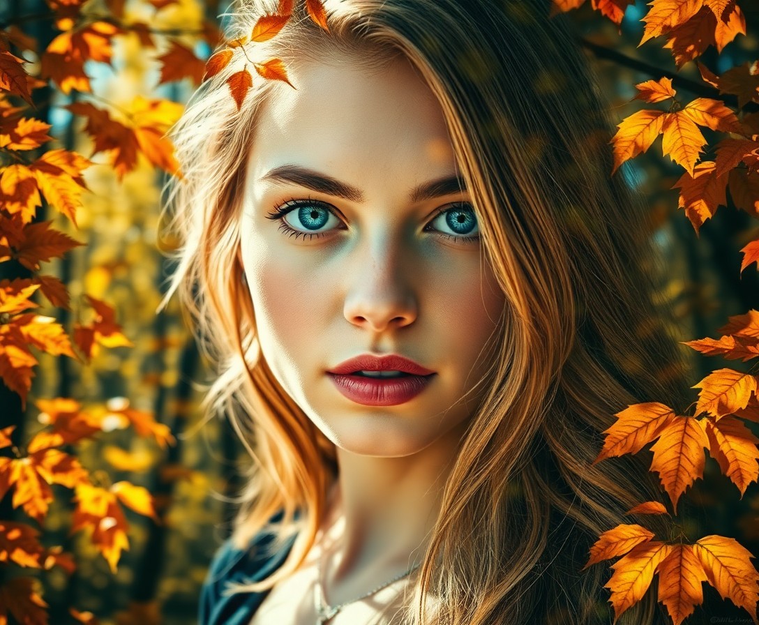 AI generated art for prompt: A captivating double exposure portrait showcases a young woman with piercing blue eyes and cascading