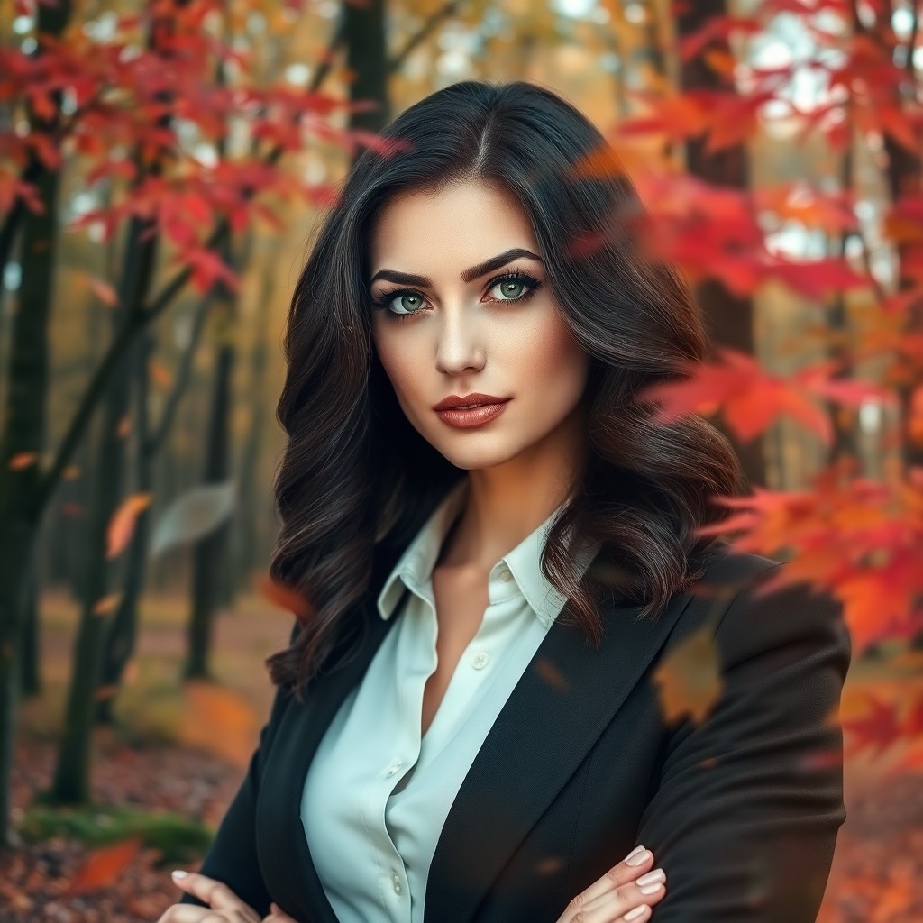 AI generated art for prompt: Envision a self-assured woman with captivating green eyes and dark, wavy hair in a portrait photogra