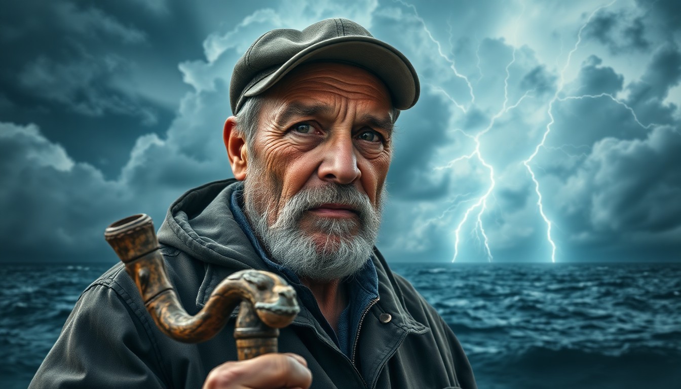 AI generated art for prompt: Craft an image seamlessly merging a portrait of a seasoned fisherman, his weathered features bearing