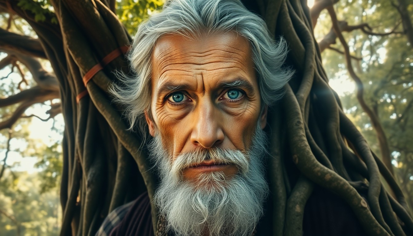 AI generated art for prompt: A double exposure portrait captures a wise old sage with piercing blue eyes and weathered skin amids