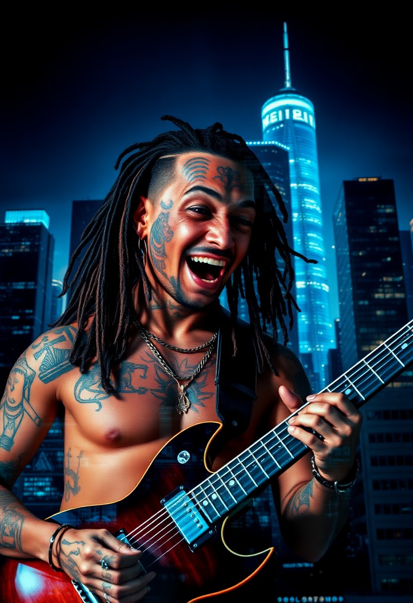 AI generated art for prompt: Imagine a captivating digital portrait of an impassioned musician adorned with vibrant tattoos resem