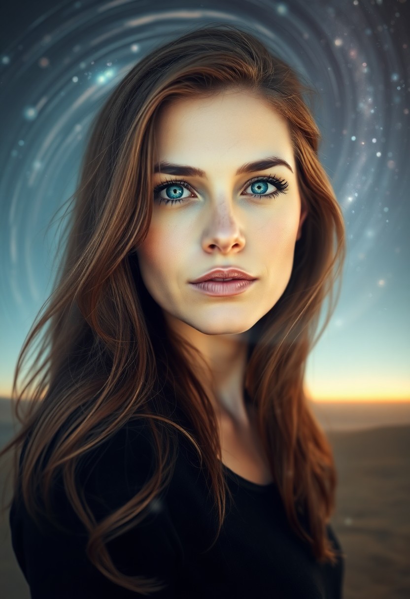 AI generated art for prompt: A digital portrait showcases a woman of thirty-something years with captivating blue eyes and cascad