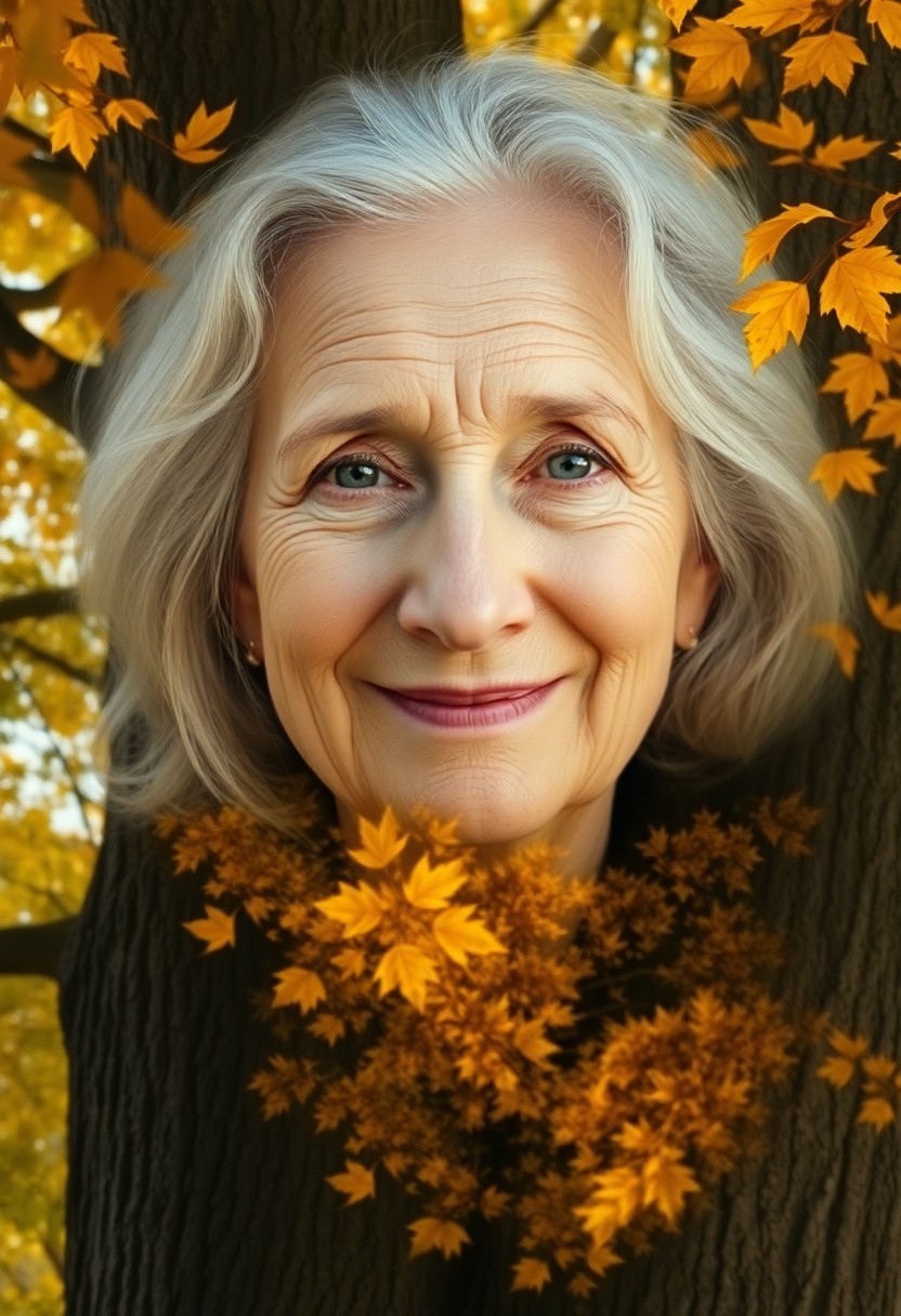 AI generated art for prompt: Imagine a portrait photograph of an elderly woman with gentle eyes and fine wrinkles framing her smi