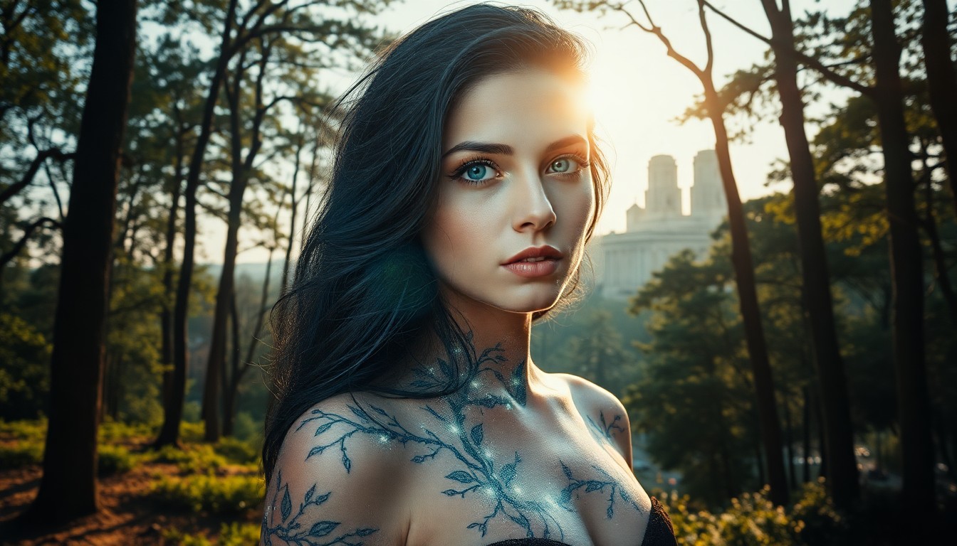 AI generated art for prompt: Amidst a serene forest glade bathed in soft dawn light, a young woman with piercing blue eyes and ca