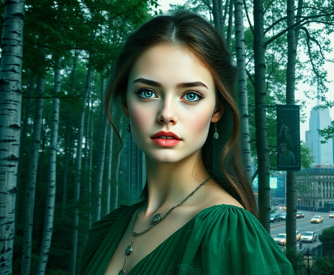 AI generated art for prompt: A photorealistic portrait showcases a serene young woman with porcelain skin and piercing blue eyes.