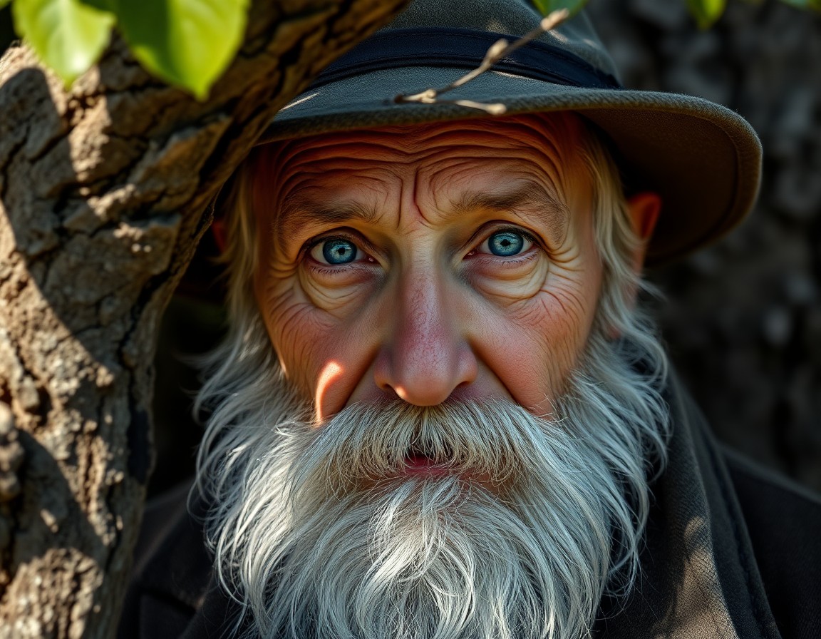 AI generated art for prompt: Craft a photorealistic portrait of an elderly man with deeply etched wrinkles and piercing blue eyes