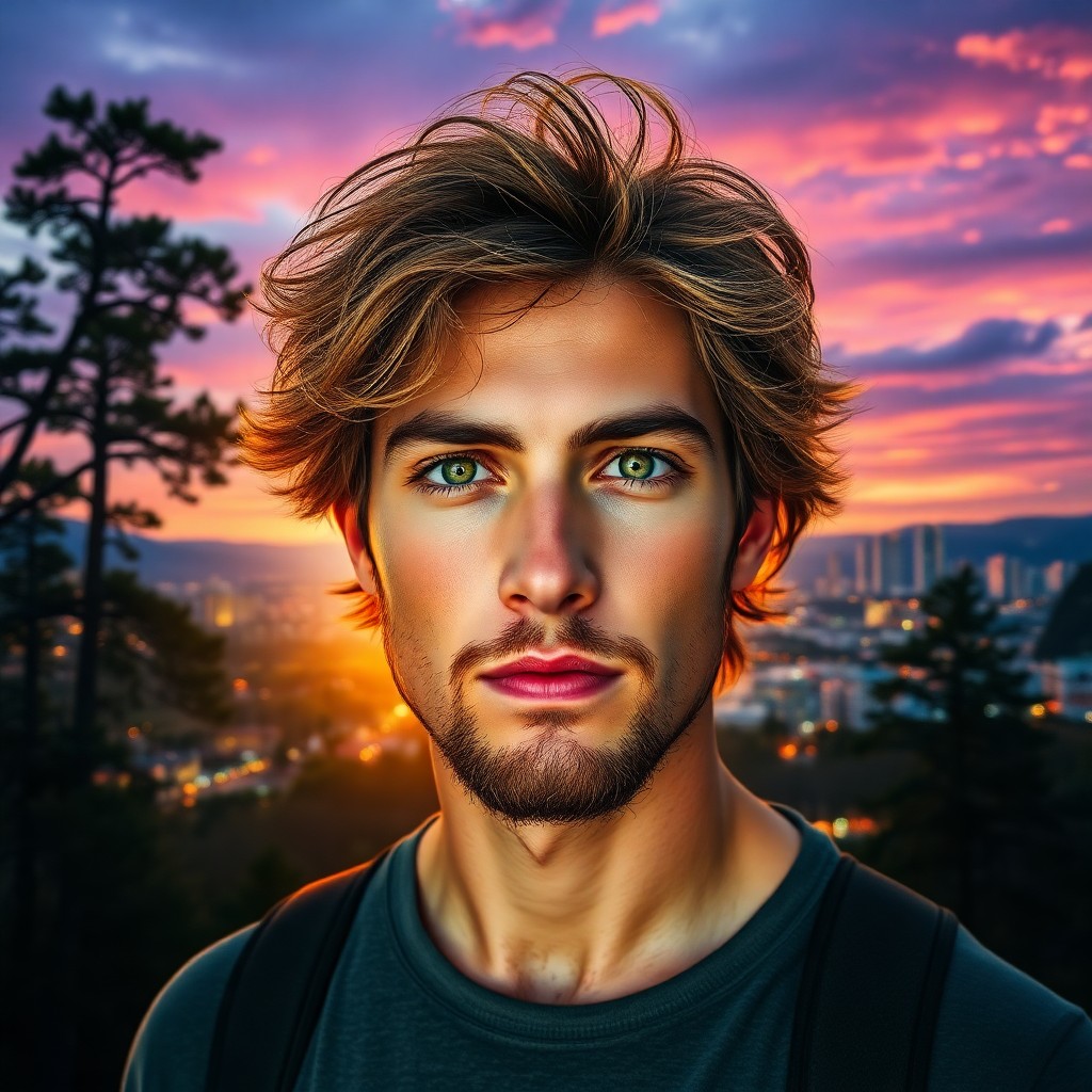 AI generated art for prompt: A young man with sun-kissed skin and piercing green eyes stands at the threshold of an ancient fores