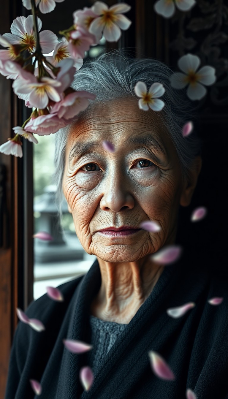 AI generated art for prompt: Craft a photorealistic portrait of an elderly woman with her weathered yet serene face partially obs