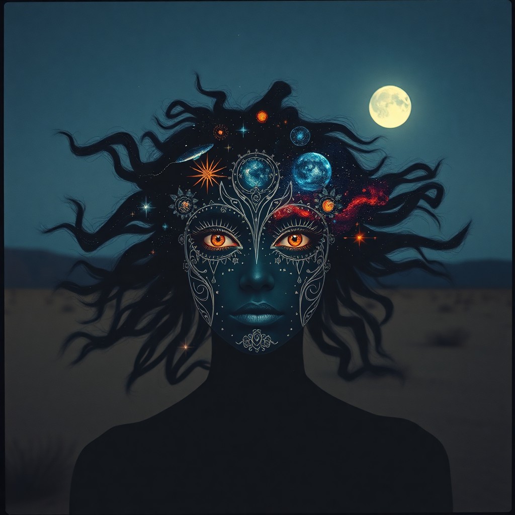 AI generated art for prompt: A film camera captures an enigmatic portrait of a celestial being with intricate facial designs feat