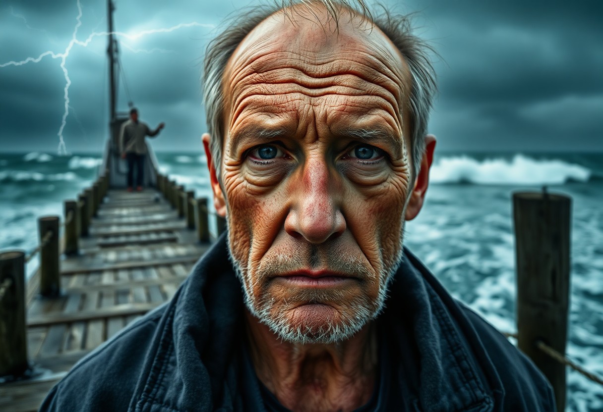 AI generated art for prompt: A mid-forties fisherman, his face weathered by years of sea battles, stands resilient amidst a turbu