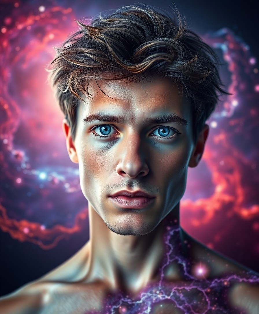 AI generated art for prompt: A photorealistic double exposure portrait showcases a young man with intense blue eyes, defined jawl