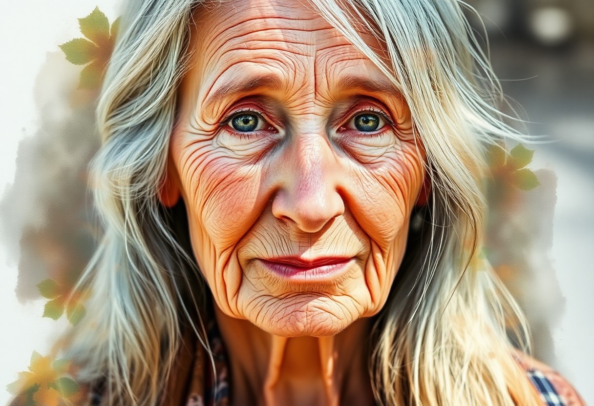 AI generated art for prompt: Envision a photorealistic portrait of an elderly woman exuding serenity, her delicate yet weathered 