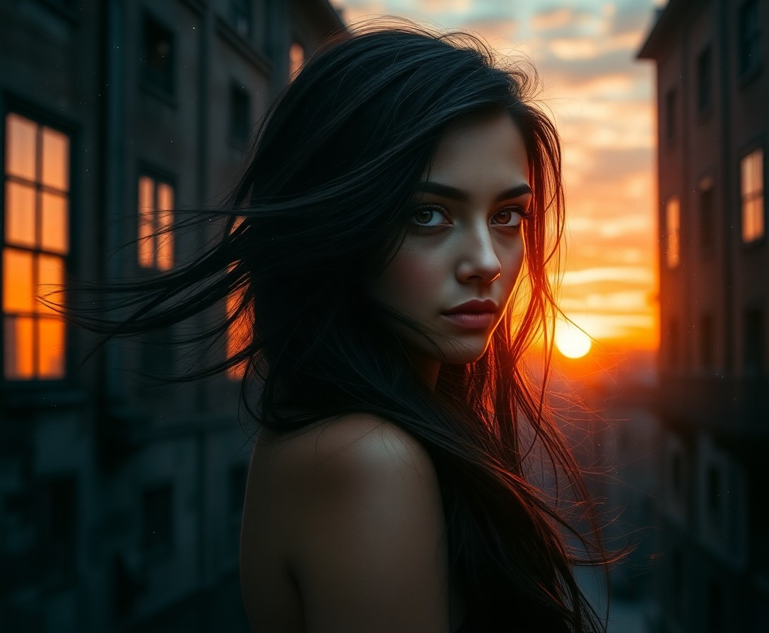 AI generated art for prompt: A young woman with pensive eyes and flowing raven locks stands amidst an ancient cityscape at dusk. 