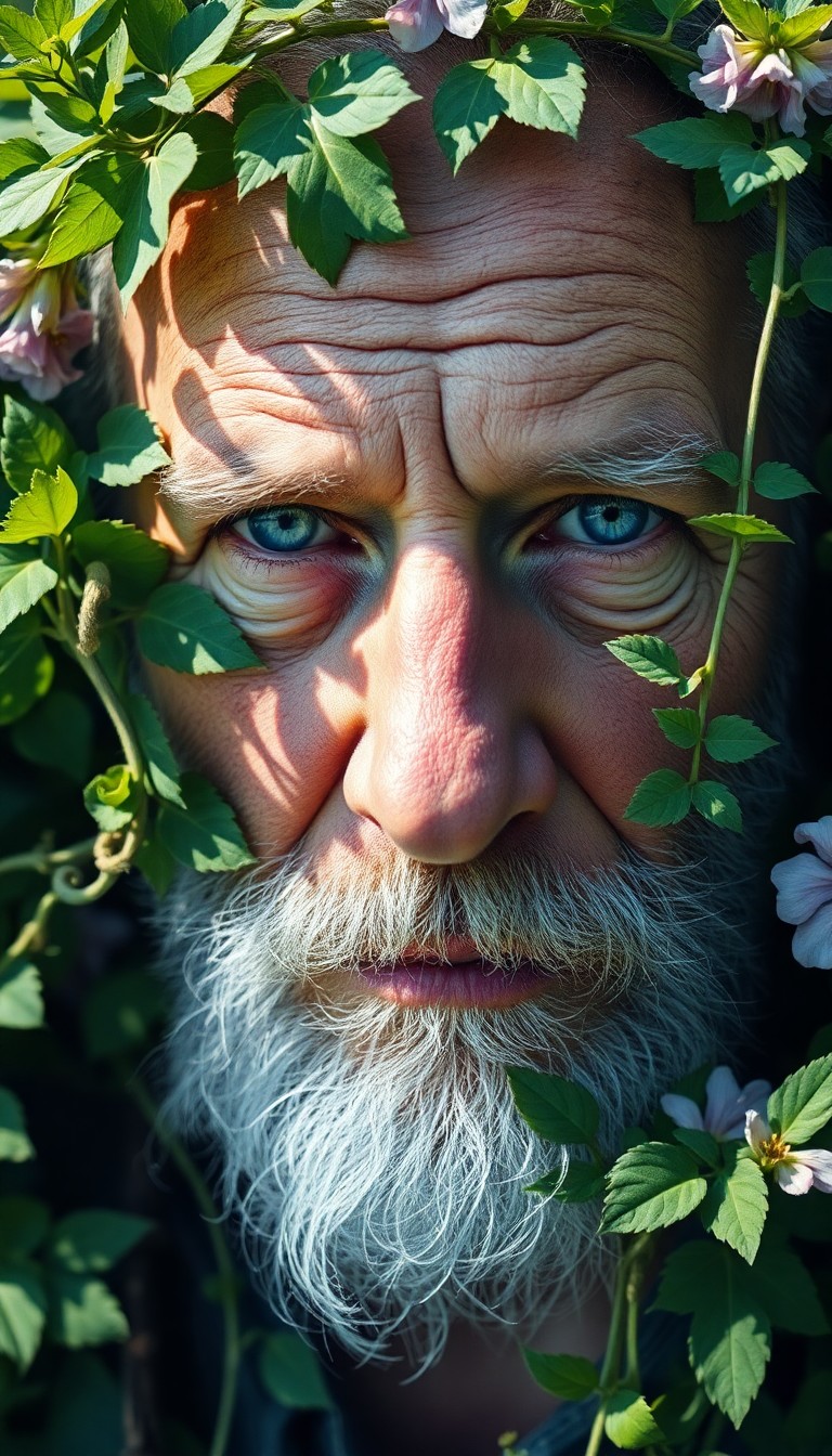 AI generated art for prompt: A double exposure portrait reveals an older man with piercing blue eyes and a grizzled beard, his fe