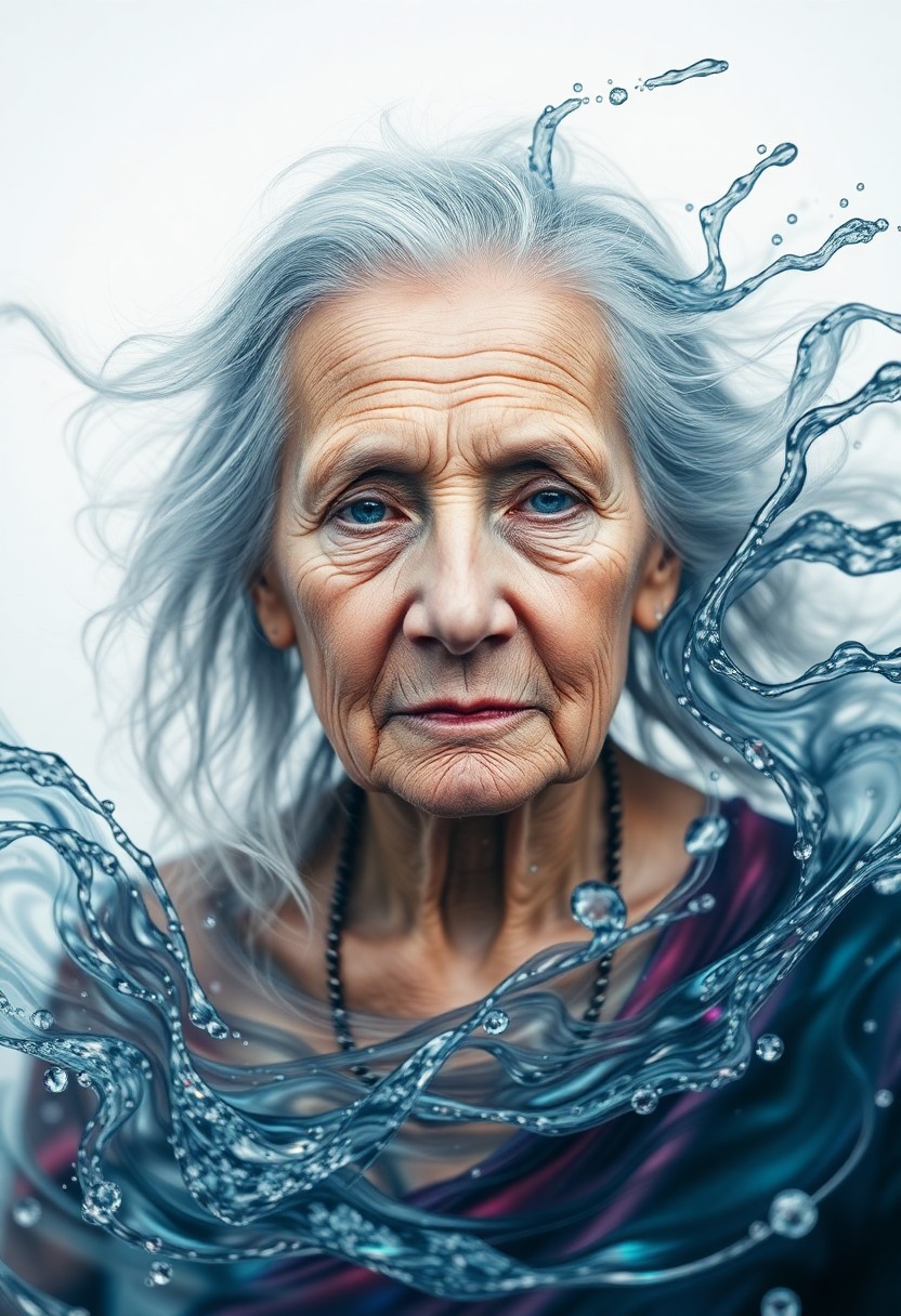 AI generated art for prompt: Craft an intricate double exposure portrait showcasing a serene elderly woman amidst rhythmic water 