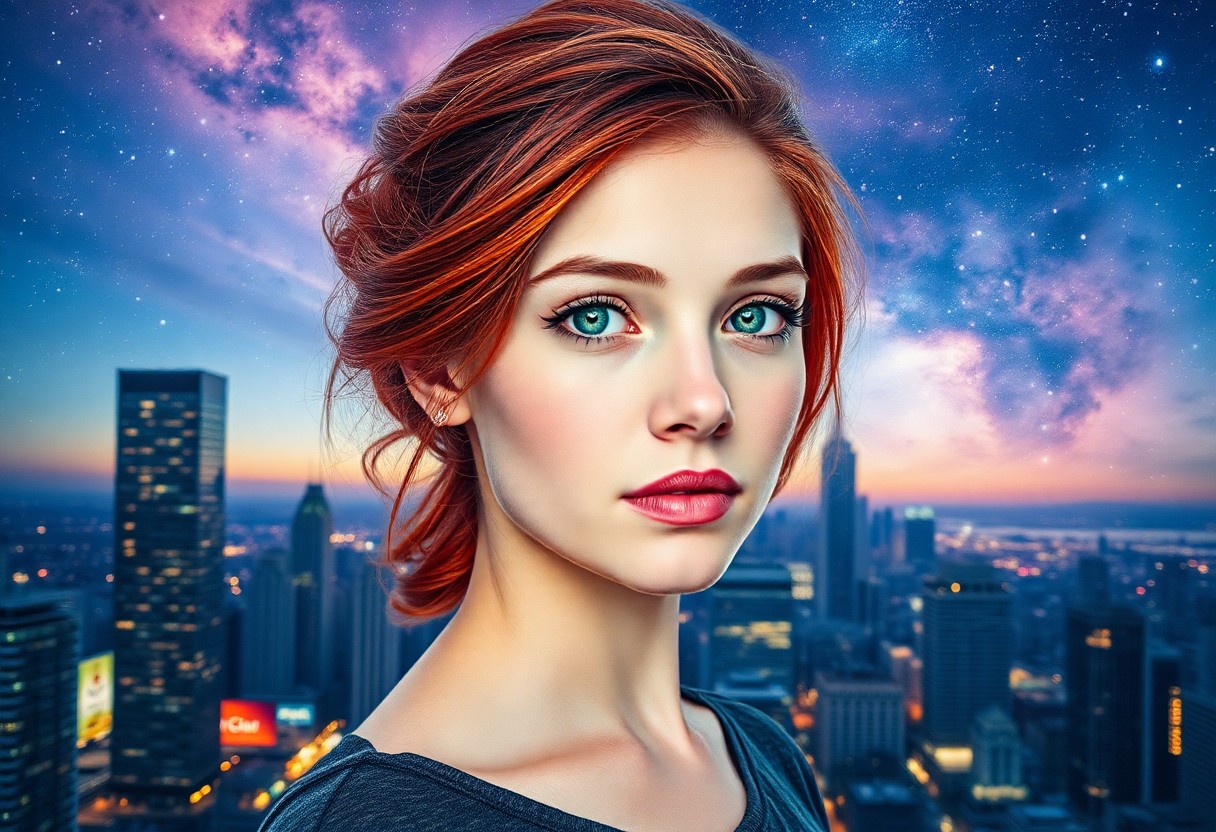 AI generated art for prompt: Craft an iPhone portrait showcasing a young woman with cascading red hair and piercing green eyes, s