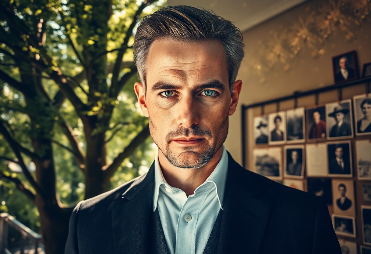 AI generated art for prompt: Visualize a captivating double-exposure portrait of a distinguished gentleman with sharp features, s