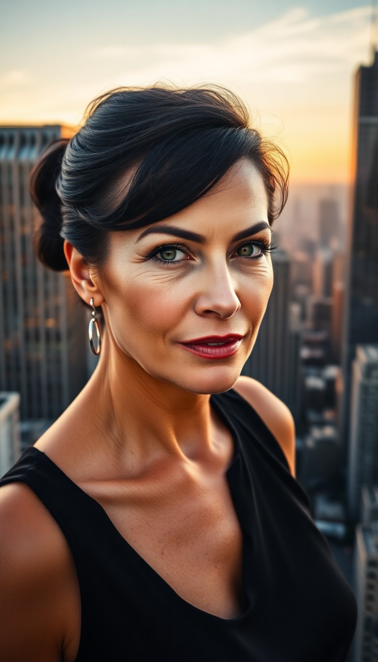 AI generated art for prompt: A middle-aged woman exudes confidence as she stands before an urban skyline, her piercing green eyes