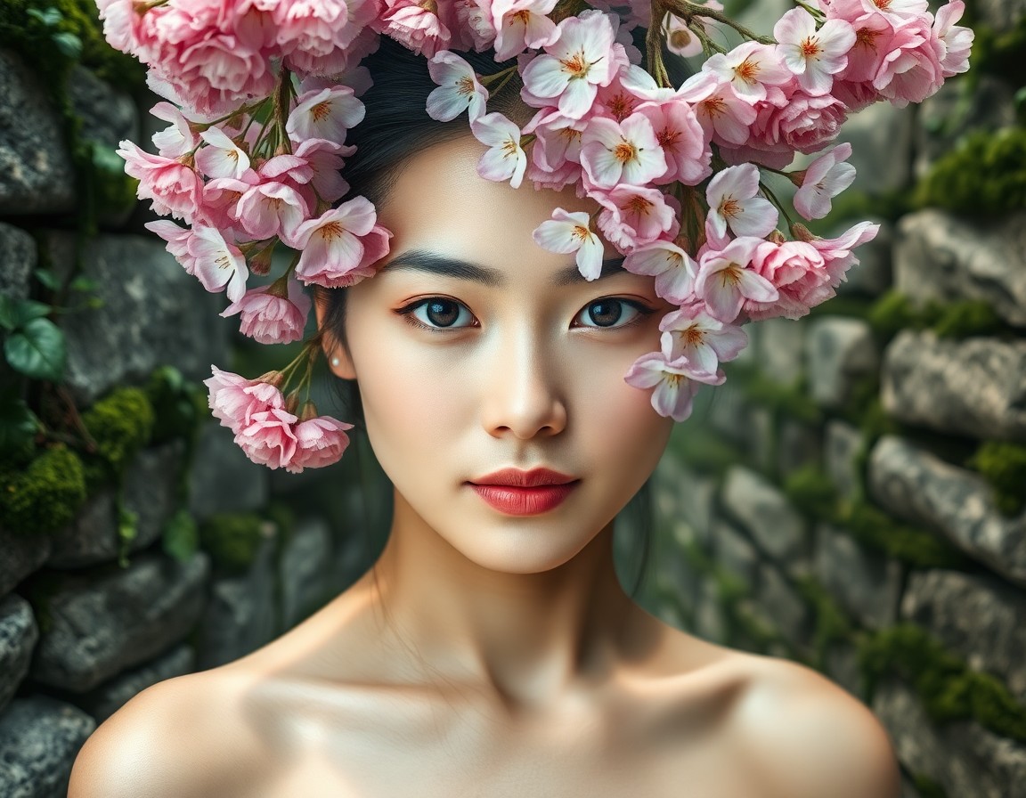 AI generated art for prompt: A captivating double exposure portrait showcases a young East Asian woman, her face partially veiled