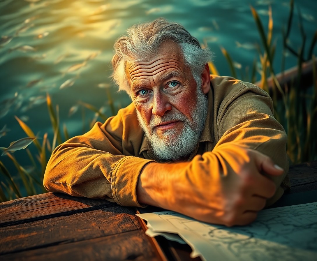 AI generated art for prompt: Craft a photorealistic portrait of an aged sea captain with skin etched by the sun and eyes that con