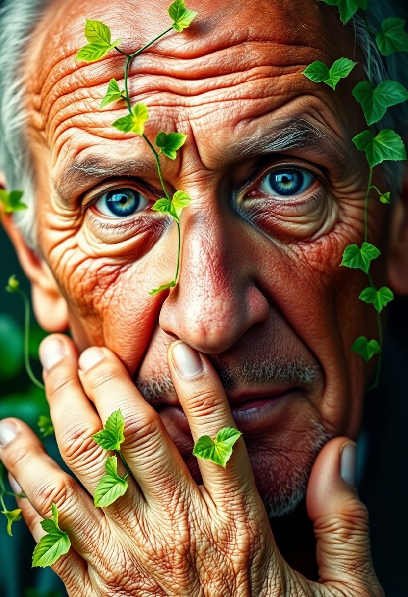 AI generated art for prompt: Create a captivating double exposure portrait showcasing an elderly man with deep wrinkles and lines