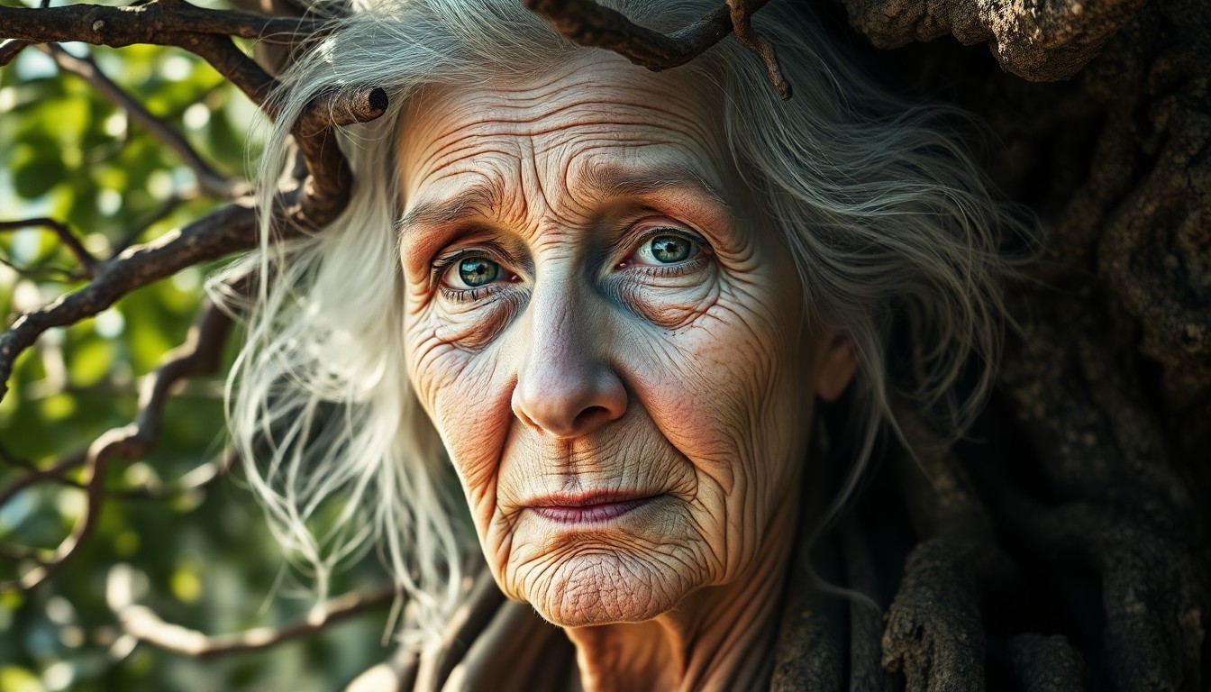 AI generated art for prompt: Imagine a photorealistic portrait, captured with a mirrorless camera, of an elderly woman intertwine