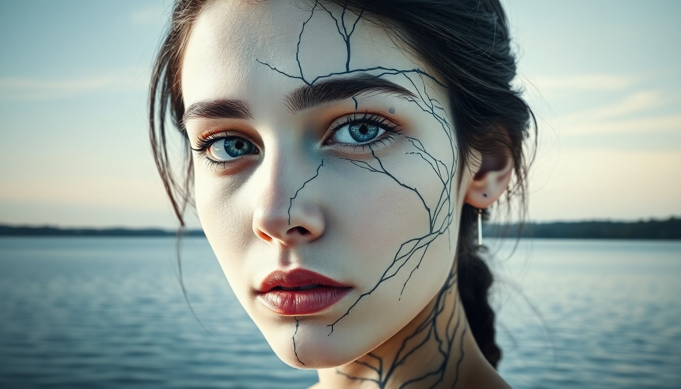 AI generated art for prompt: Craft an engaging double exposure portrait of a young woman showcasing her porcelain skin adorned wi