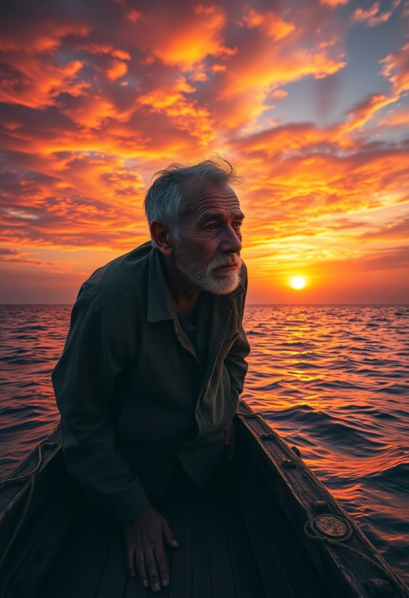 AI generated art for prompt: Create a poignant double exposure portrait of a seasoned fisherman with sun-kissed skin and pronounc