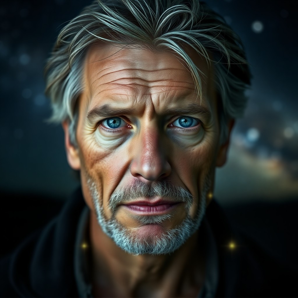 AI generated art for prompt: Craft a photorealistic portrait of a middle-aged man with rugged features and intense blue eyes, his