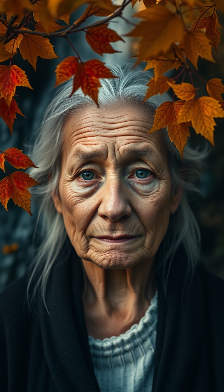 AI generated art for prompt: A mirrorless camera captures a portrait of an elderly woman with deep wrinkles framing her wise eyes