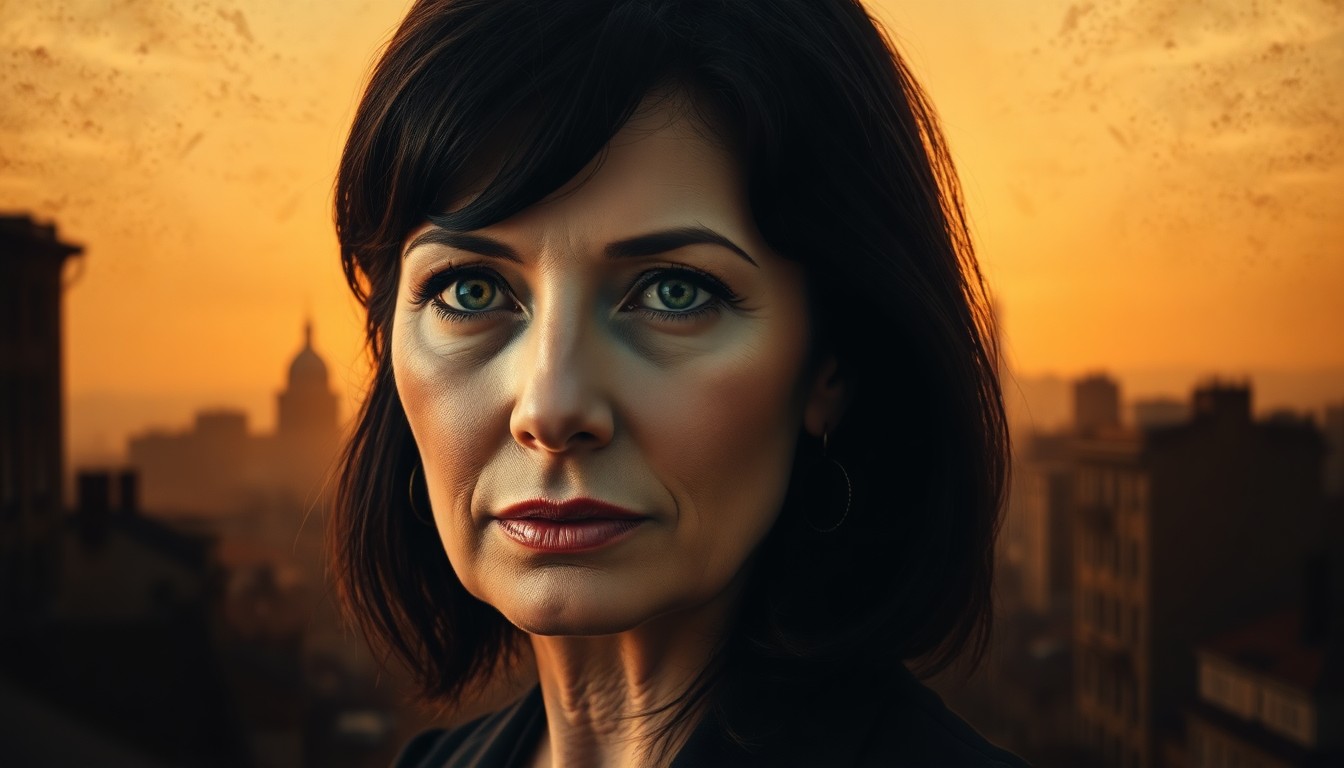 AI generated art for prompt: A photorealistic portrait of a middle-aged woman with deep green eyes and raven hair seamlessly merg