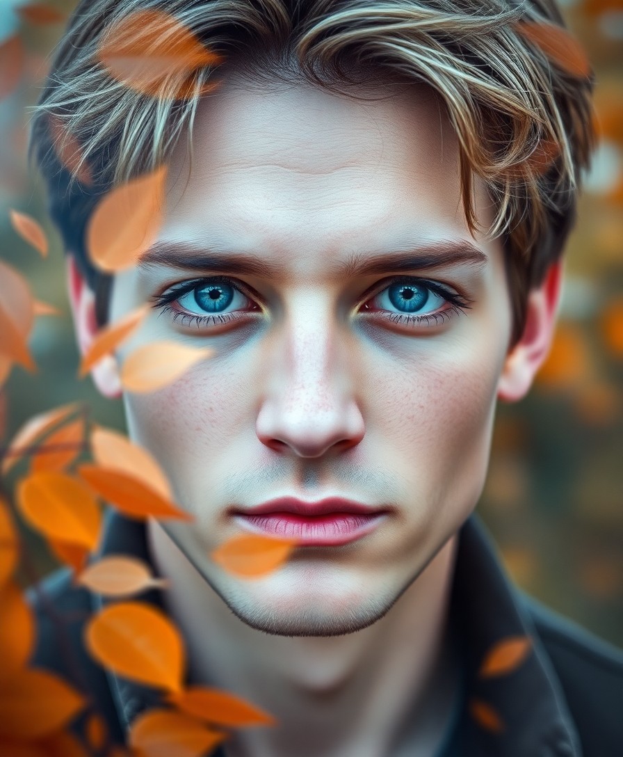 AI generated art for prompt: Create a photorealistic portrait of a young man with intense blue eyes and tousled sandy-brown hair.