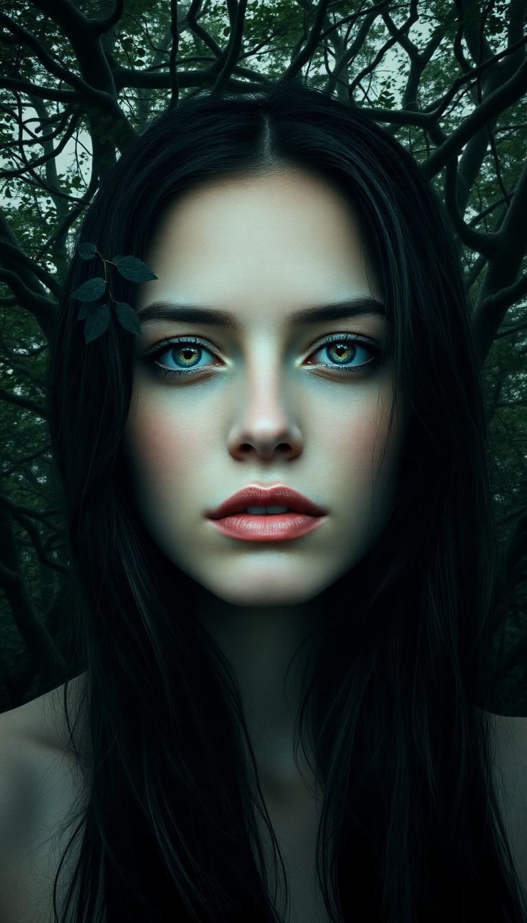 AI generated art for prompt: A haunting digital portrait captures an ethereal woman with translucent skin and raven hair flowing 