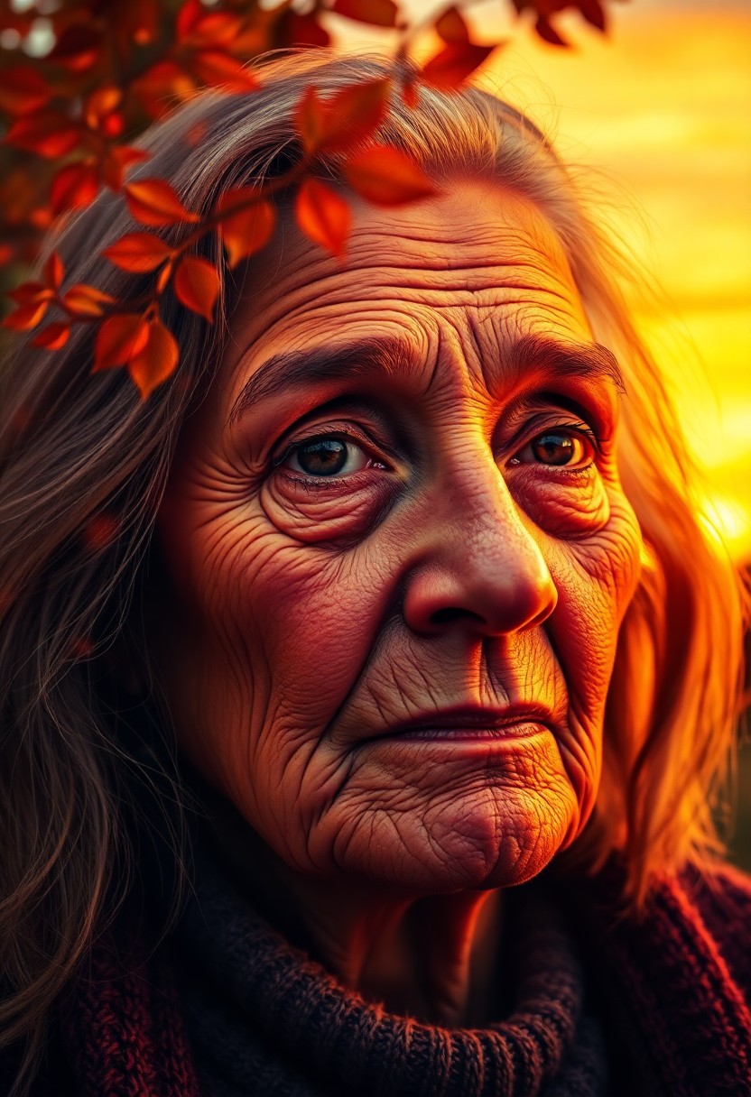 AI generated art for prompt: A captivating double exposure portrait showcases an elderly woman with deep, wise eyes mirroring the